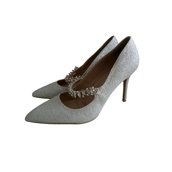 BCBGENERATION Silver Glitter Mary Jane Heels Size 7.5 NEW NWOB - Picture 2 of 9